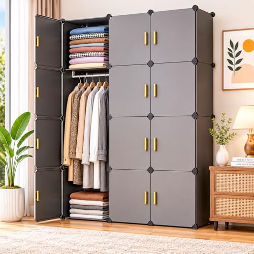 Image of 12 Door Kids Cartoon Wardrobe Storage Cabinet - DIY Modular Clothes Organizer with Hanging Cartoon Design Wardrobe with Multi for Bedroom, Living Room,Entryway