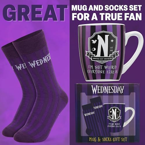 Image of Get Trend Wednesday 11oz Mug and Socks Set, Crew Socks Ceramic Coffee Mug Microwave Safe, Novelty Gifts for Women, Wife, Girlfriend (Purple /Black Wednesday)