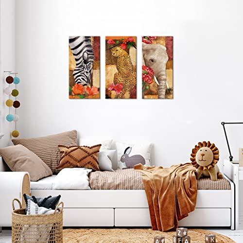 Saypeacher 3 Pieces Abstract African Animals Canvas Wall Art Elephant Zebra Leopard With Flower Painting Print For Bedroom Home Living Room Decor Stretched And Framed Ready To Hang 12X24Inchx3Pcs #TOP3