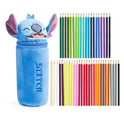 Disney Stitch Lapices Colores con Estuche Escolar para Niños 48 Lápices de Colores Accesorios Escolares Baby Yoda Regalo para Niños (Azul Stitch)