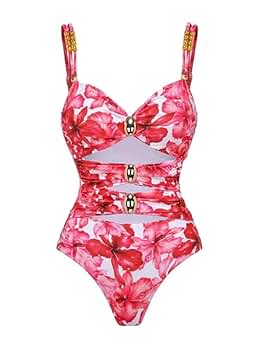 FLAXMAKER Cutout Flower Print One Piece Swimsuit and Skirt