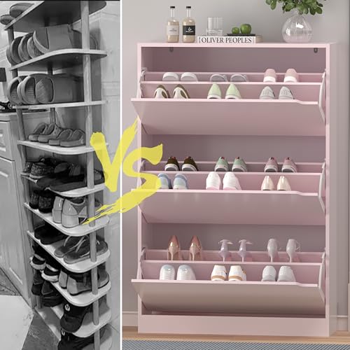 Image of Shoe Storage Cabinet for Entryway, Pink Shoe Cabinet with 3 Flip Drawers, Hidden Shoes Rack Freestanding Storage Organizer for Entryway,Closet, Living Room,Hallway 47.24 inchH x 31.50 inchW x 9.44 inchD