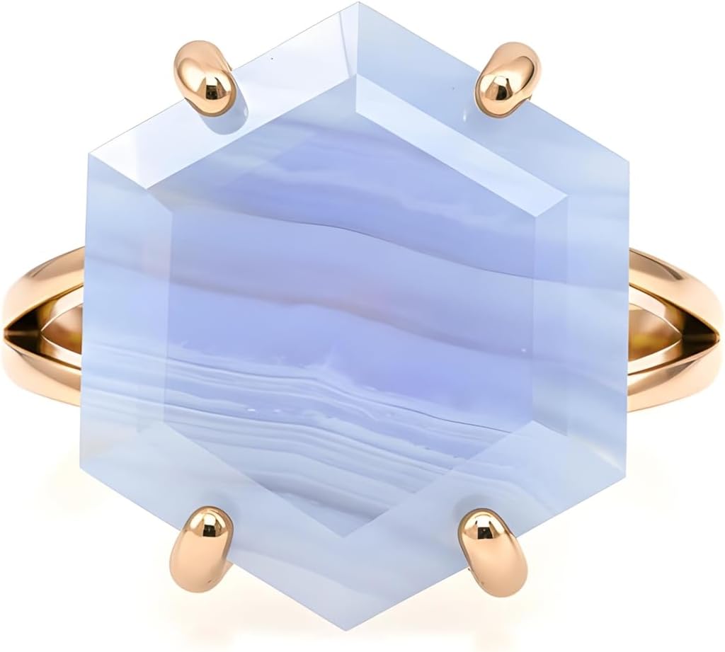 Blue Lace Agate Ring - Pink Gold Hexagon Gemstone Jewelry - Engagement Ring - Statement Jewelry for Women