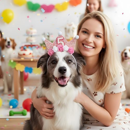 Apausvcm 1 Stück Geburtstagskrone Mädchen Prinzessin Krone Geburtstag Krone Stirnband mit Rose Blumen Kron für Mädchen mit Glitzer Zahlen für 5 Jahr Geburtstag Party Geburtstagsdeko
