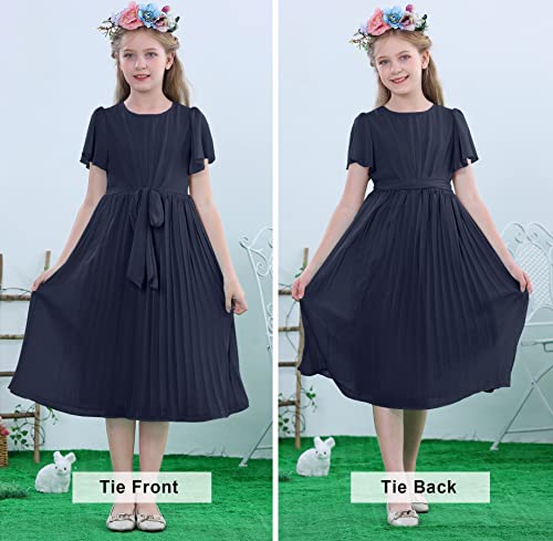 Hosika Flower Girls Dress Chiffon A-Line Pleated Ruffle Bow Dresses For Wedding Formal Pageant Party Navy Blue 12-13Y #TOP4