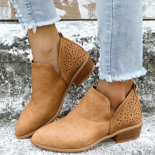 Cowboy Boots for Women Ankle Boots for Women Daily Wear Casual Short Chunky Heel Slip On Hollow Out Low Heel Side V-Cut Western Booties Shoes Classic Ankle Shoes for Fall Winter3