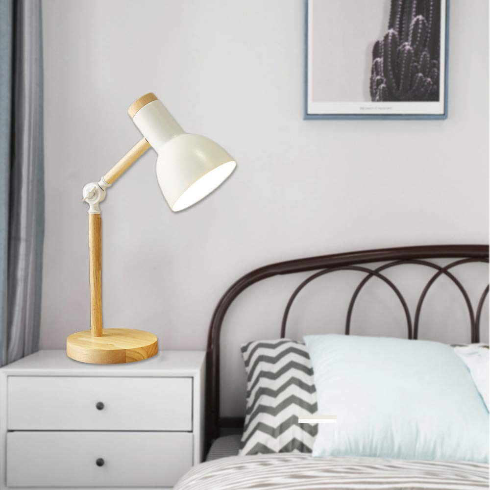 Lampe De Table Réglable Avec Bras En Bois - Abat-jour Métallique, Douille E27 - Pour Bureau Et Chevet