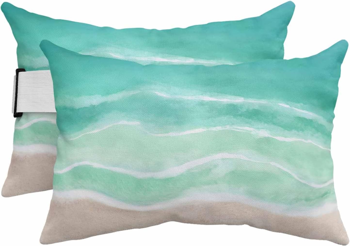 Outdoor Chair Pillow Headrest for Patio Pool Chaise Lounge, Turquoise Coastal Recliner Head Pillow, Waves Summer Beach Ocean Sea Waterproof Pillowcases Neck Lumbar Pillows & Insert 12x20x2pcs