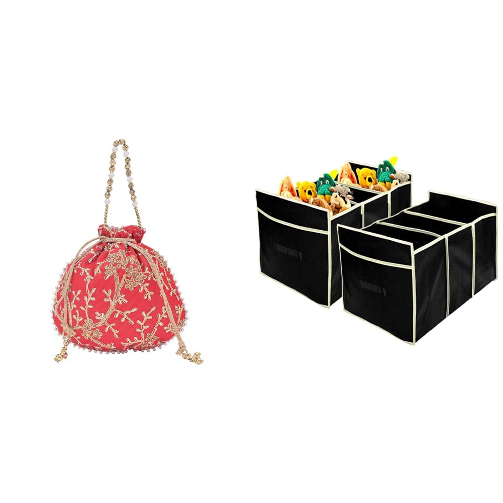 Potli Bags for Ladies & Girls | Women Shagun Pouches for Festive Seasons | Batwa Bag + Collapsible Portable Heavy Duty Cargo Trunk Organizer with 3 Compartments (Black)-image-21