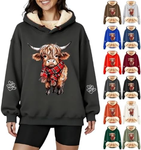 Christmas Hoodie for Women Plus Size Cow Graphic Sherpa Lined Warm Hooded Sweatshirt Holiday Soft Pullover Hoodies