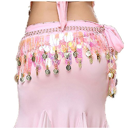 Image of VRITRAZ Women's Chiffon Belly Dance Hip Scarf Waistband Belt Skirt Mixed Colors Beads and Golded Coins 56 Black