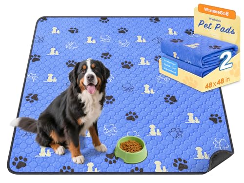 Image of WanpeeGoo Washable Pee Pads for Dogs, Waterproof, 48 x 48 in, 2 Pack, Blue | Super Absorbent, Waterproof and Non-Slip; Washable, Reusable Dog Pads for Crates, Playpens, Floors, Furniture and Travel