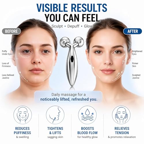 Image of 3D Face Massager Roller for Women & Men, Manual Facial Massager with Dual 360 Rolling Balls, V Shape Stainless Steel Face and Body Massage Tool for Jawline, Neck, Arms and Skin Care