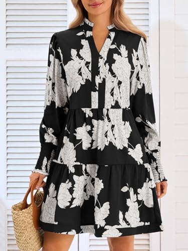 Image of Imily Bela Womens Fall Long Sleeve Tunic Dress Casual V Neck Tiered Dress | Loose,Swing,A-Line,Ruffled Collar,Puff Balloon Sleeve,Smocked Elastic Cuffs,Tiered Layered Ruffle Hem,Babydoll,Loose,Mini