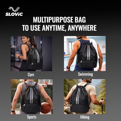 Image of SLOVIC Drawstring Bag for Man [22 LTR] | Gym Bag for Men with Separate Shoe Compartments | Durable Backpack Bag for Man | Backpack Bags for Women | Ideal for Gym, Travel & Sports | Black