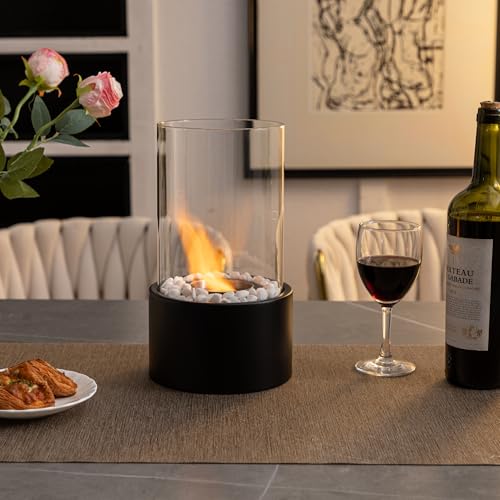 Chimenea de mesa, portátil de bioetanol con vidrio cilíndrico, olla de combustible sin humo con cubierta de vidrio para interiores y exteriores, patio, fiestas, eventos
