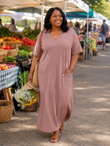 Image of Plus Size Maxi Dress for Women Short Sleeve V Neck Casual Loose Sundress with Pockets