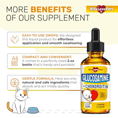Cat Joint Supplement for All Breeds – Glucosamine for Cats and Kittens – Glucosamine, Chondroitin, MSM for Hip & Joint Care – Natural Ingredients with Chicken Flavor – 2 Oz