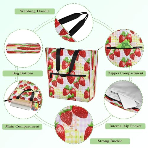 Strawberries Book Tote Bag,Large Capacity Handbag with Zipper Perfect for School,Travel,Shopping3
