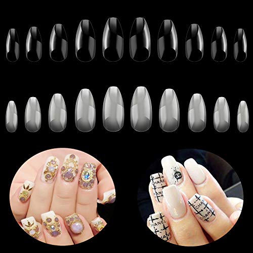 1000 Pcs Coffin Nails Ballerina Nail Tips Full Cover Acrylic False Nails 10 Sizes- for Nail Salons and DIY Nail Art ( Natural and Clear )
