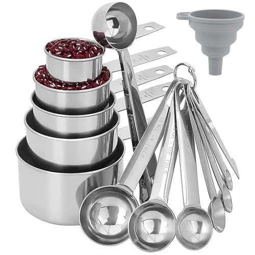 14pcs Measuring Spoons And Measuring Cups Set, Stainless Steel Measuring Cups And Spoons Set, 7 Spoons & 5 Measuring Spoons Measuring Rod & Funnels, Kitchen Gadgets Essentials Tools