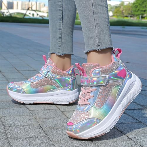 2024 Fashion Roller Skates Shoes for Girls High-Top, Pink Four-Wheel Skates Sneakers with Retractable Double Wheels, Perfect for Fitness and Cross-Training2