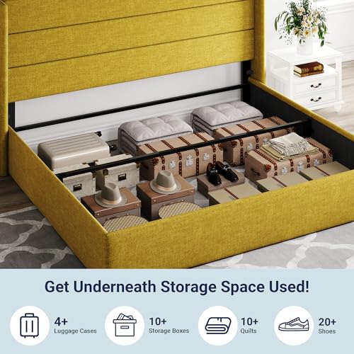 Image of Allewie King Size Lift Up Storage Bed, Modern Wingback Headboard, Hydraulic Support, No Box Spring Needed, Olive Yellow