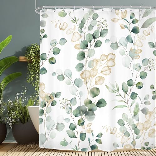 Eucalyptus Leaves Shower Curtain Set Watercolor Green Gold Bathroom Decor