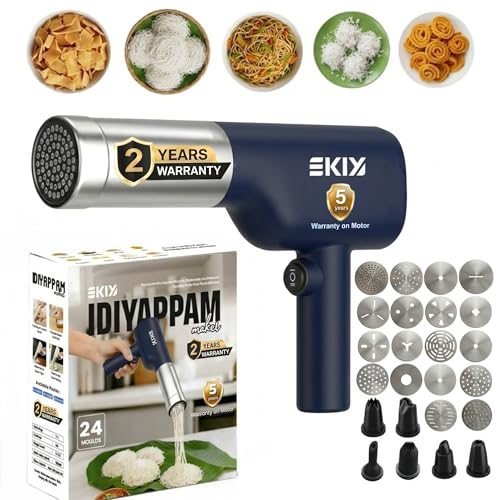 Image of EKIY Electric 24 Mould Stainless Steel Idiyappam,Noolappam,Cakes,Muruke,Pakkavada,Noodles,Pasta Maker Machine |50 Times for Full Charge| 1500Mah Type-C Cordless | Automatic Portable (24 Mould Blue)