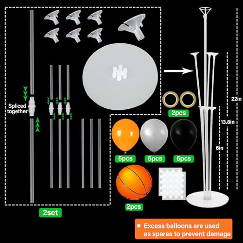 Image of 2 Sets Basketball Party Balloons Stand Kit with Orange And Black Balloon Sport Basketball Senior Night Balloon Centerpiece for Tables for Game Sports Day Birthday Sports Event Decorations