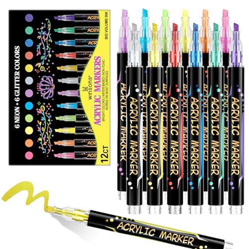 12 Colors Acrylic Paint Markers 6 Glitter & 6 Neon Fluorescent Pens Innovative Light-Valve Tech for Instant Flow Fine Chisel Tip Paint Pens for Journaling Rock Painting Cards & DIY Projects