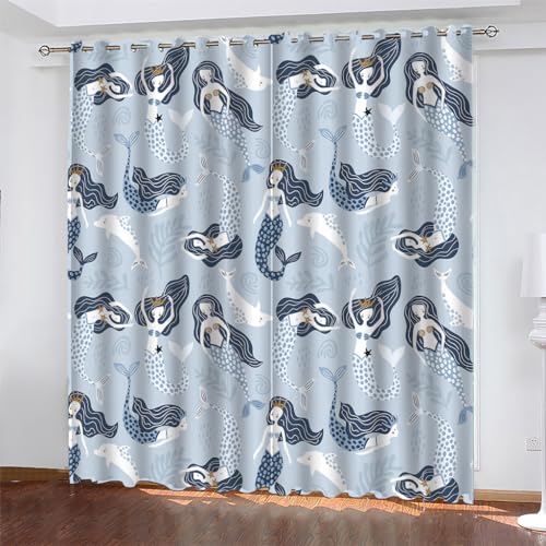RaSpio - Cortinas opacas con diseño de sirena para sala de estar, dormitorio, balcón y baño, perforadas (100 x 140 cm, 2 x 50 x 140 cm), diseño de sirena RaSpio - Cortinas opacas con diseño de sirena para sala de estar, dormitorio, balcón y baño, perforadas (100 x 140 cm, 2 x 50 x 140 cm), diseño de sirena