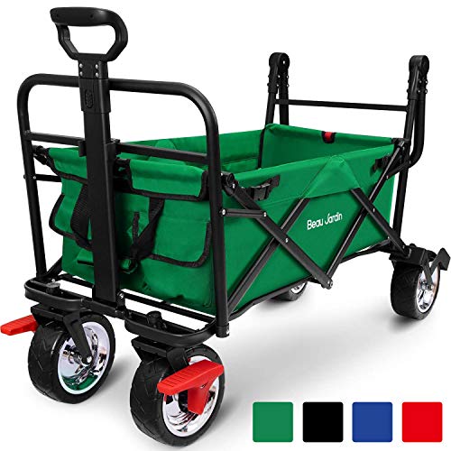 BEAU JARDIN Carrello Pieghevole Giardino Tela Vagoni Con Freno Carrello da Trasporto con 4 Ruote e in Acciaio Carrello Rimorchio a Mano da Trasporto Carico Massimo 80KG verde