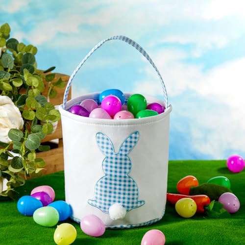 Image of CHOIEO Easter Basket with Handle - Blue Plaid+Green Plaid Canvas and Polyester Easter Bucket for Egg Hunt, Beach Tote, Gift Bag