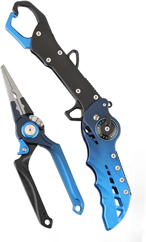 Blue Fish Lip Gripper With Fishhook Pliers Set, Aluminum Alloy Foldable Fishing Clip, Control Fish Clamp, Hands Strap Anti Slip Preventing Fish From Escaping, With Anti-lost Rope Fish Clamp Tool