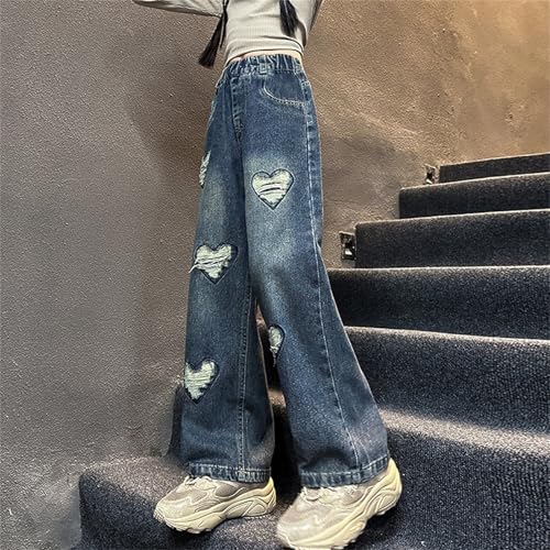 Girl's 𝐘2K Heart Applique Denim Pants Elastic High Waist Jeans Trendy Ripped Wide Leg Loose Trousers with Pockets3