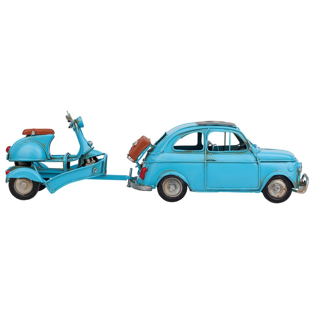 WANDERLUST DECO Coche de remolque con Moto de Metal Azul 34x10x10.5