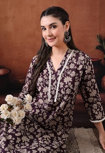 Image of Ichaa Women's Pure Cotton A-Line Ethnic V-Neck Kurta with 3 /4th Sleeve for Daily and Office Wear, in Plus Sizes