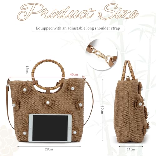 Bolso tote de paja para mujer con asa floral miniatura 4