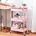 TOOLF 3-Tier Rolling Cart with Table Top, Metal Storage Cart on Wheels, Utility Organizer with Wooden Tray, Lockable Casters, Easy Assembly for Bathroom, Living Room, Office, Bedside, Pink