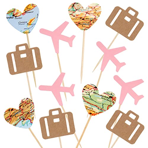 Morndew 24 PCS Travel Cupcake Toppers Pink Airplane Map Heart Traveling Case Cake Topper Picks for World Awaits Travel Themed Party Birthday Party Baby Shower Wedding Party Decorations