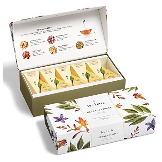 Tea Forte Herbal Retreat Organic Citrus and Fruit Teas, Petite Presentation Box Tea Sampler Gift Set with 10 Handcrafted Pyramid Tea Bag Infusers, Caffeine Free Herbal Tea