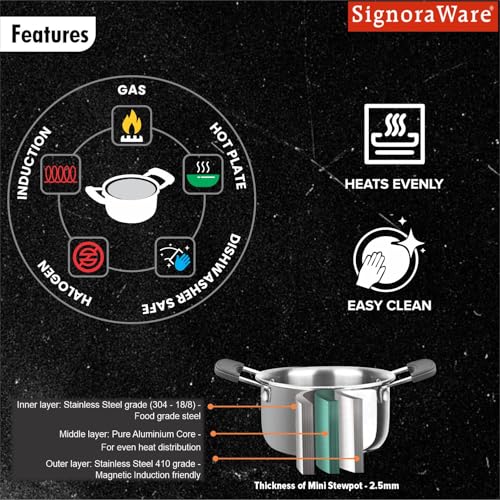 Image of SignoraWare Artista Stainless Steel Cookware Mini Stewpot | Compact Size |Ideal for Cooking Sauces & Gravies | Best for Melting Butter or Chocolate | Great for Steam or Cook Small Puddings & Custard