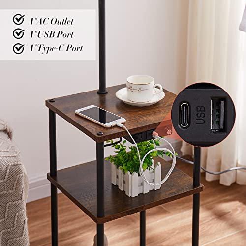 Hspauto Floor Lamp With Table, Lamps For Living Room With Charging Station(Usb &Type-C &Ac Port), Rustic End Table Lamp With Shelves & 3-Color Temperature Led Bulb, Lamp Table For Living Room, Bedroom #TOP3