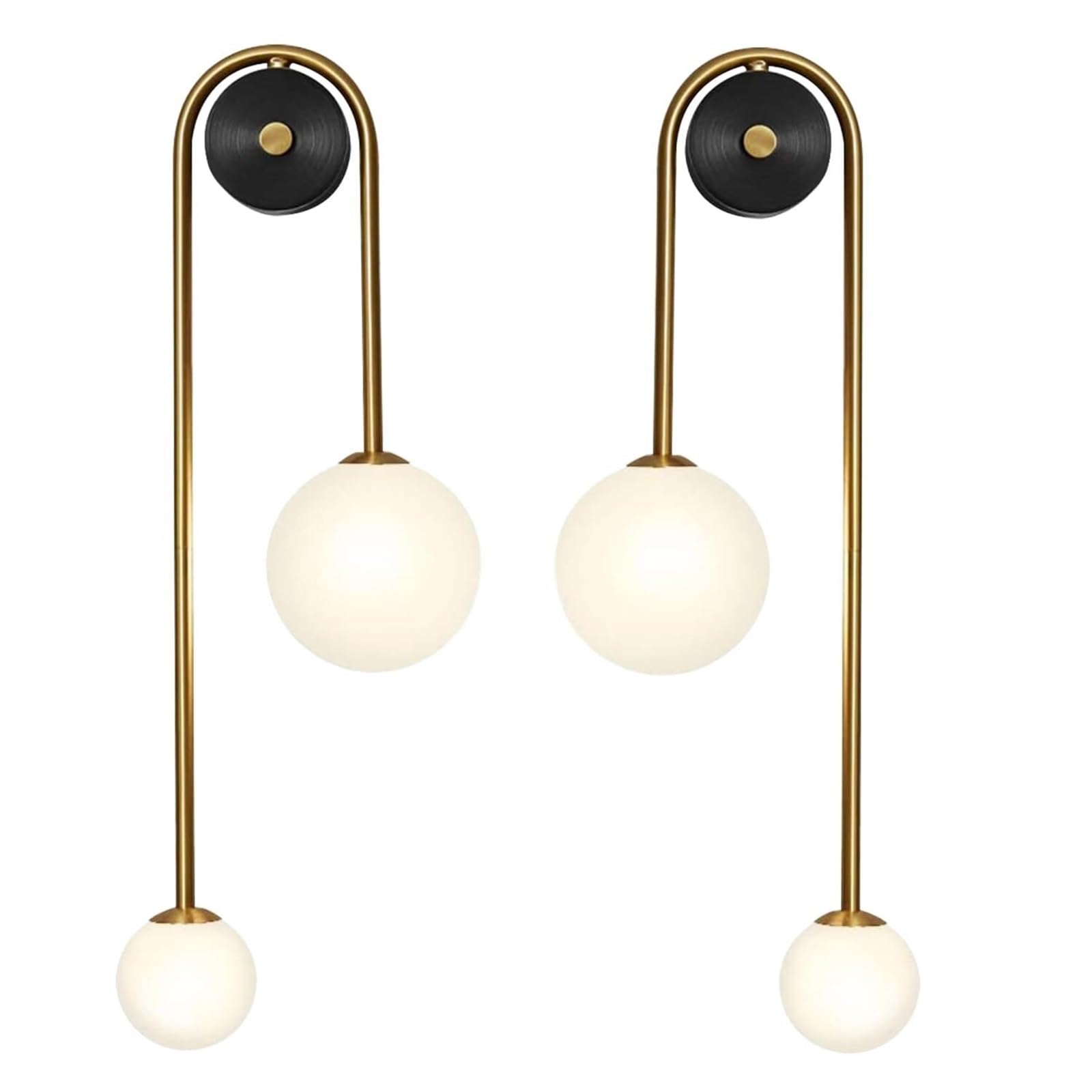KHUKHU Mid Century Modern Globe Wall Sconce Indoor 2 Light Black Gold Wall Mounted Light Fixture with Milk Glass Retro Industrial Wall Lamps for Mirror Bedroom Kitchen Hallway(A2Pack)