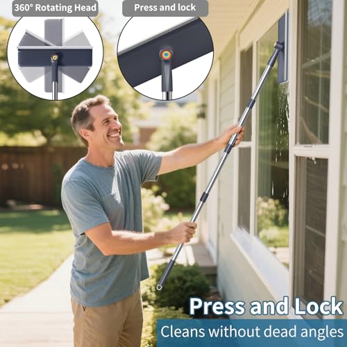 Image of 3 in 1 Window Squeegee for Home, Window Cleaning Kit with 60 inch Extension Pole, Professional Window Cleaner Tool for Outdoor Windows, Glass, Mirrors, Screens with 3 Microfiber Cloths & Screen Brush