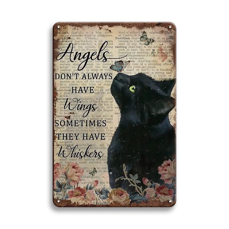 Black Cat decor Cat Memorial Gifts Vintage Metal Signs,Angels Don't Always Have Wings Sometimes They Have Whiskers- 12x8 Inches Cat Poster Black cat gifts, Bedroom,Living Room Wall Decor