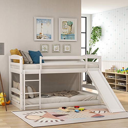 Low bunk Bed, Twin Over Twin bunk Bed with Slide and Ladder