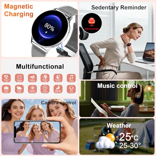 Image of Jugeman Smart Watch for Women, Womens Watch with 24 /7 Health Tracking, Bluetooth Calls, Step Heart Rate Sleep Monitor, IP68 Waterproof Wrist Smartwatch for Work Sports, Gift for Women (Silver)