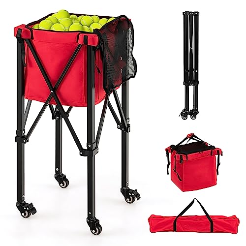 Chariot de balles de tennis pliable GYMAX avec sac amovible pour 150 balles